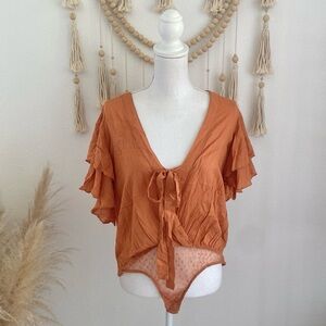Free People Call Me Later bodysuit ruffle sleeves deep v copper flouncy medium